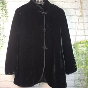 VINTAGE 80S BORGAZIA PLUSH FAUX FUR TEDDY COAT BLACK HOLLYWOOD WOMENS LG